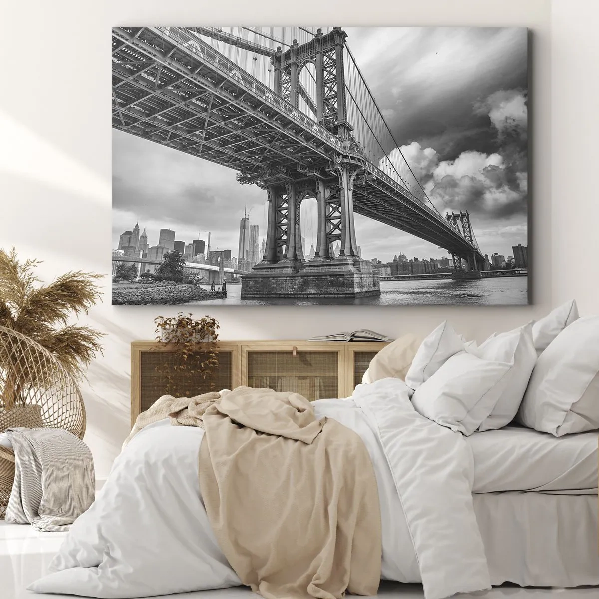 Quadro su tela - Stampe su Tela - Un ponte in bianco e nero con vista sulla città - 120x80cm - Verso il cuore della città - Decorazione murale moderna per soggiorno e camera da letto ARTTOR