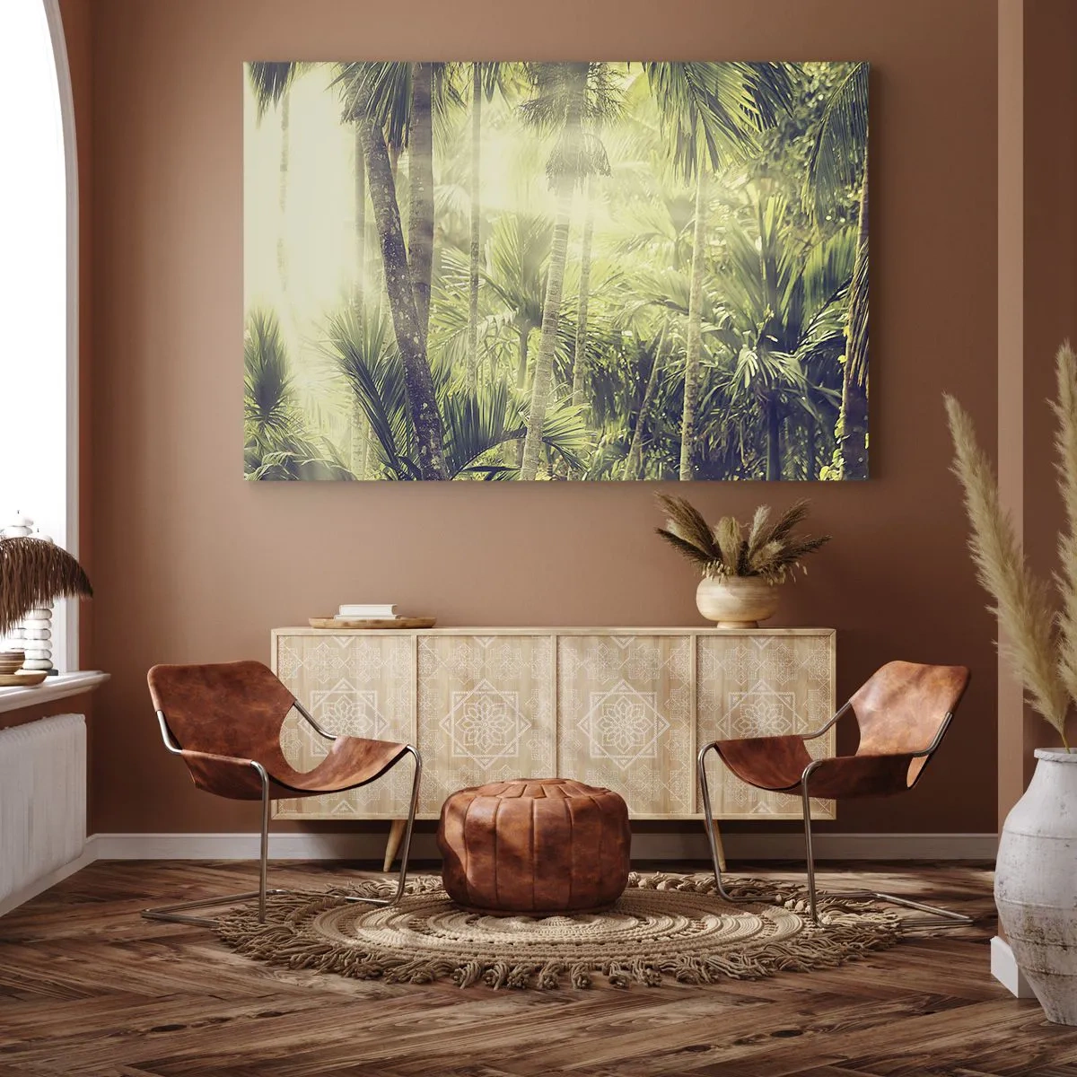 Quadro su tela - Stampe su Tela - Raggi di sole in una foresta tropicale di palme - 70x50cm - Nell'afa verde - Decorazione murale moderna per soggiorno e camera da letto ARTTOR