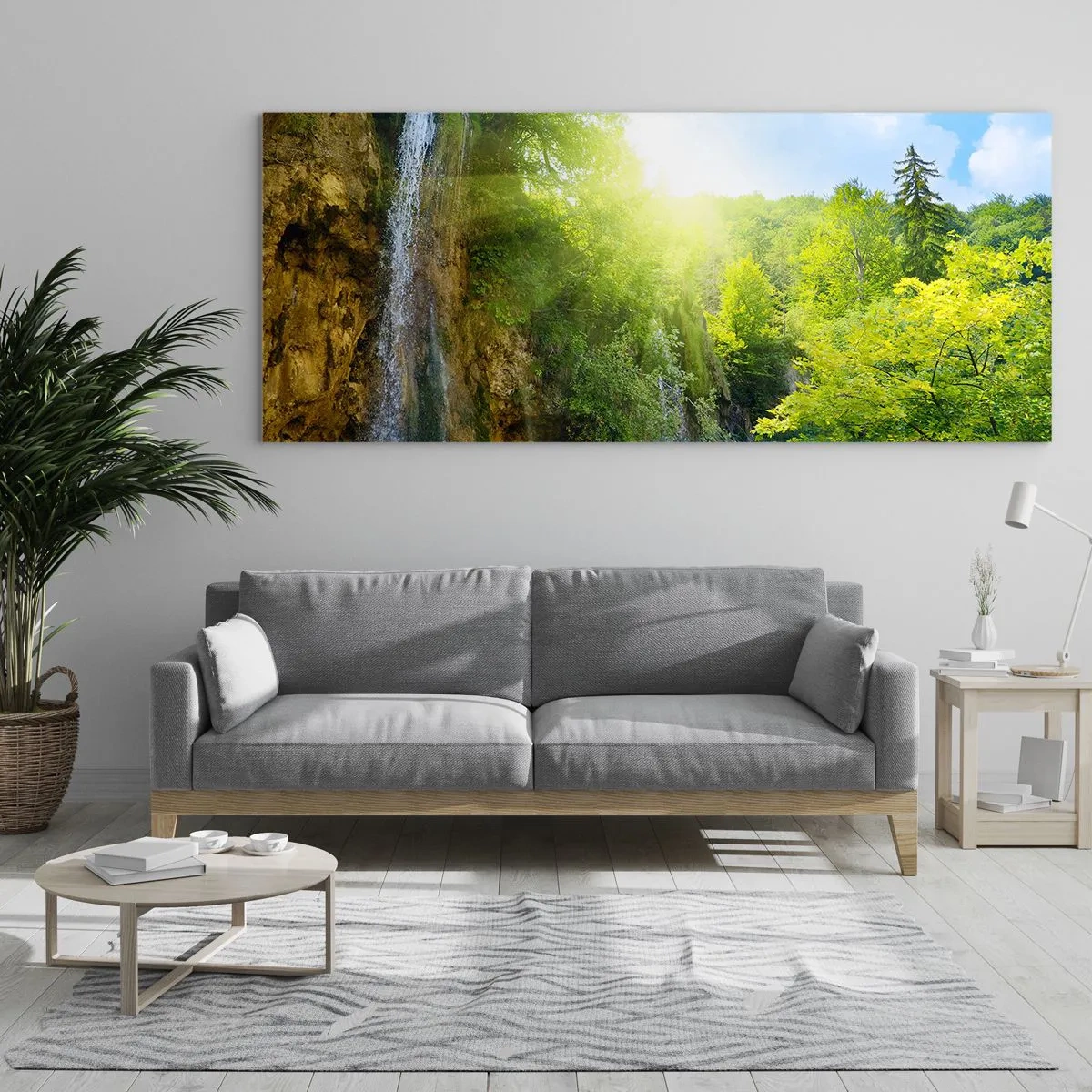 Quadro su vetro - Una cascata che sfocia in un lago turchese circondato dal verde - 160x50cm - Così deve essere il paradiso - Decorazione murale moderna per soggiorno e camera da letto ARTTOR