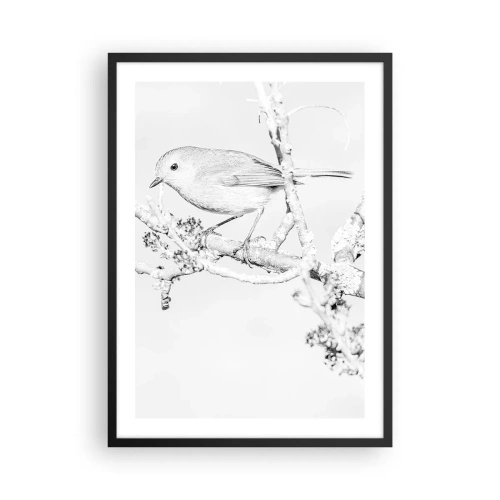 Poster in cornice nera - Disegno in bianco e nero di un uccello su un ramo - 50x70cm - Mattino invernale - Decorazione murale moderna per soggiorno e camera da letto ARTTOR