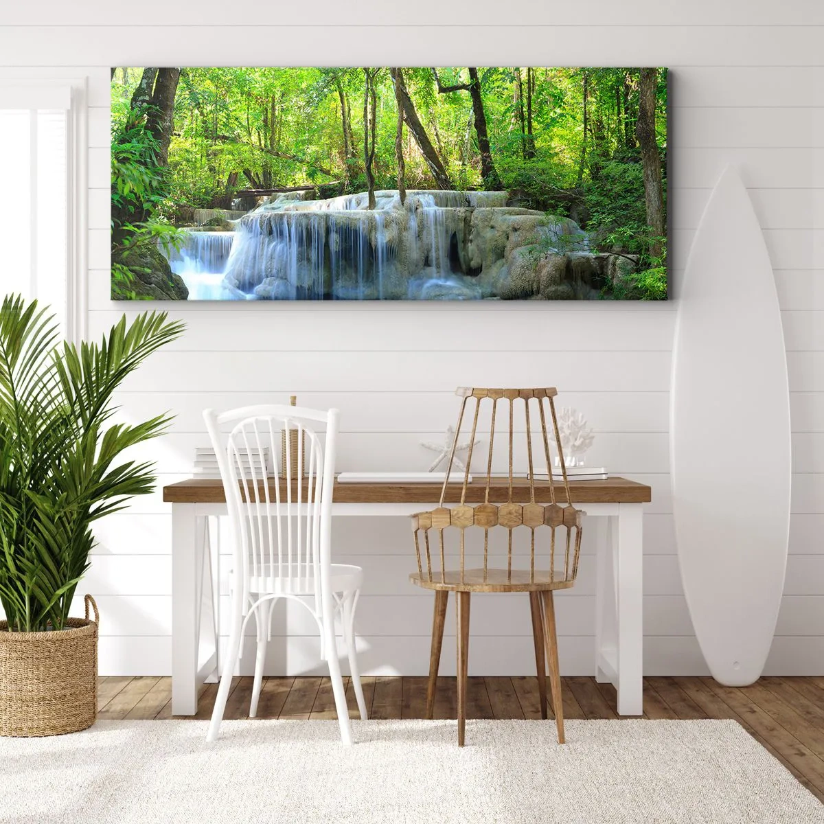 Quadro su tela - Stampe su Tela - Una cascata tra alberi verdi con acqua blu in un ambiente naturale - 120x50cm - Annegare nel turchese e nel verde - Decorazione murale moderna per soggiorno e camera da letto ARTTOR