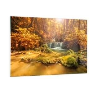 Quadro su vetro - Cascata nella foresta in oro - 120x80cm - Cascata boschiva in oro - Decorazione murale moderna per soggiorno e camera da letto ARTTOR