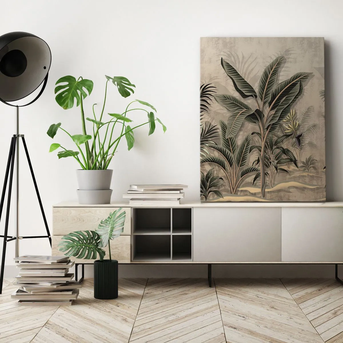 Quadro su tela - Stampe su Tela - Palme e vegetazione tropicale nei toni del verde su sfondo beige - 70x100cm - Incisione in stile coloniale - Decorazione murale moderna per soggiorno e camera da letto ARTTOR