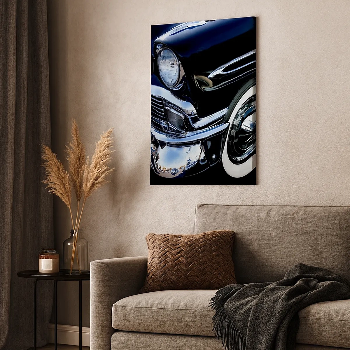 Quadro su tela - Stampe su Tela - Primo piano del faro e del parafango di un'auto classica nera - 50x70cm - Classicità in argento, nero e bianco - Decorazione murale moderna per soggiorno e camera da letto ARTTOR