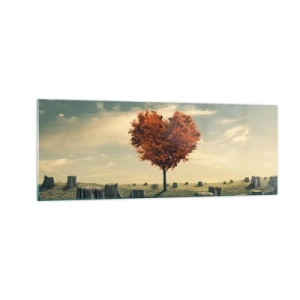 Quadro su vetro - Un albero a forma di cuore in un campo di ceppi, simbolo di speranza - 140x50cm - C'è sempre speranza - Decorazione murale moderna per soggiorno e camera da letto ARTTOR
