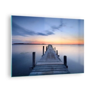 Quadro su vetro - Un molo di legno su un lago calmo al tramonto - 70x50cm - La calma di un dolce tramonto - Decorazione murale moderna per soggiorno e camera da letto ARTTOR