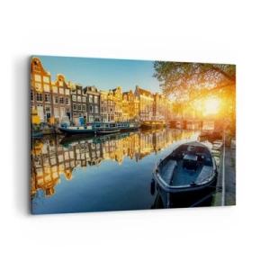 Quadro su tela - Stampe su Tela - Canale di Amsterdam al tramonto - 100x70cm - L'alba ad Amsterdam - Decorazione murale moderna per soggiorno e camera da letto ARTTOR
