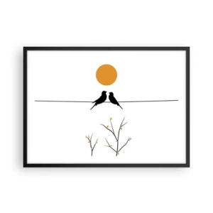 Poster in cornice nera - Uccelli su una linea con un sole giallo - 70x50cm - Sera da usignoli - Decorazione murale moderna per soggiorno e camera da letto ARTTOR