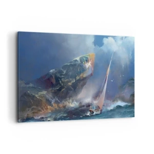 Quadro su tela - Stampe su Tela - Una barca a vela in tempesta ai piedi di una roccia enorme - 100x70cm - Vince chi ha coraggio - Decorazione murale moderna per soggiorno e camera da letto ARTTOR