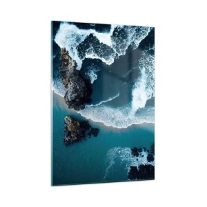 Quadro su vetro - Onde del mare che si infrangono contro la costa rocciosa - 50x70cm - Avvolte dalle onde - Decorazione murale moderna per soggiorno e camera da letto ARTTOR