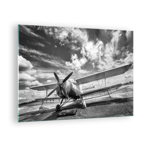Quadro su vetro - Foto in bianco e nero di un biplano classico - 70x50cm - Non vedo l'ora! - Decorazione murale moderna per soggiorno e camera da letto ARTTOR