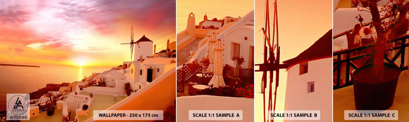 Campione Di Fotomurale Standard Eco - Sciogliersi nel bianco e nell'oro - Paesaggio, Santorini, Grecia - 100x30 cm