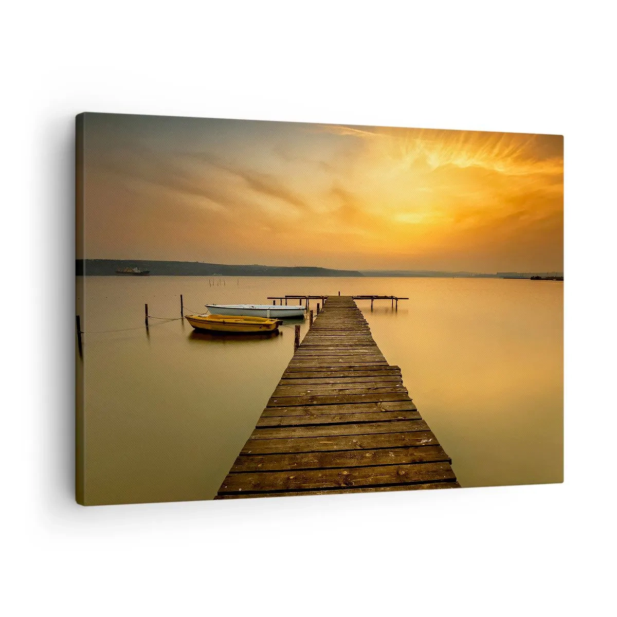 Quadro su tela - Stampe su Tela - Pontile in legno e barche sul lago al tramonto - 70x50cm - Ti apro il cielo dorato - Decorazione murale moderna per soggiorno e camera da letto ARTTOR