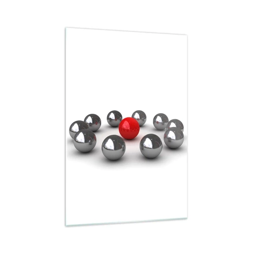 Quadro su vetro - Una palla rossa circondata da palline argentate su uno sfondo bianco - 70x100cm - Cerchio in argento e rosso - Decorazione murale moderna per soggiorno e camera da letto ARTTOR