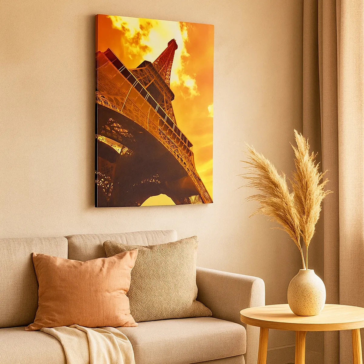 Quadro su tela - Stampe su Tela - La Torre Eiffel contro un cielo dorato durante il tramonto - 50x70cm - Monumentale, perché dorata dal sole - Decorazione murale moderna per soggiorno e camera da letto ARTTOR