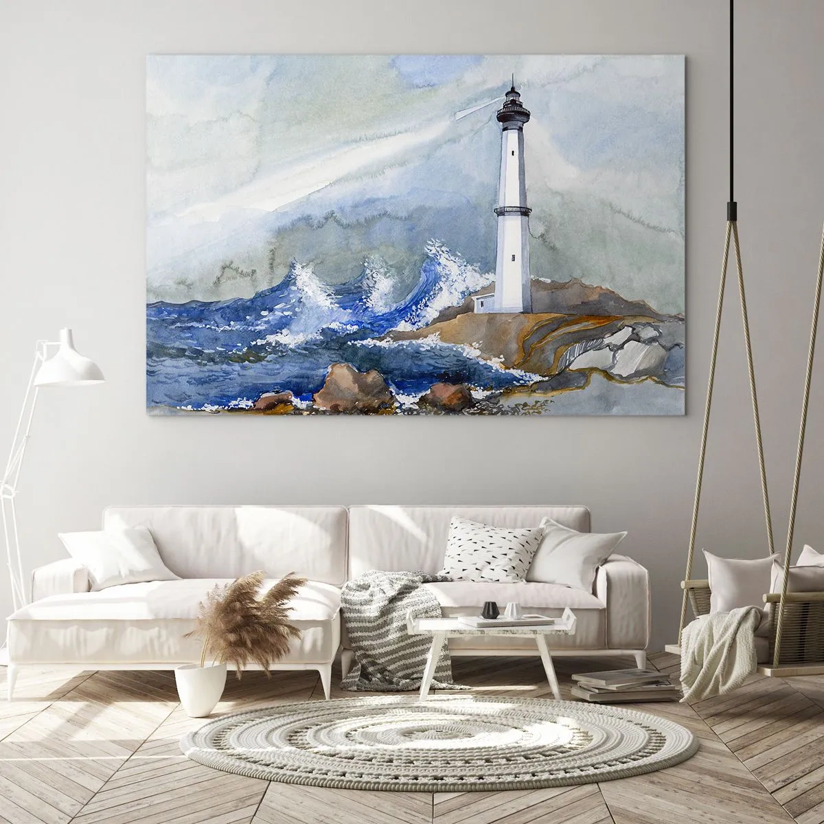 Quadro su vetro - Un faro in riva al mare in tempesta in stile acquerello - 70x50cm - Contro il buio e le burrasche - Decorazione murale moderna per soggiorno e camera da letto ARTTOR