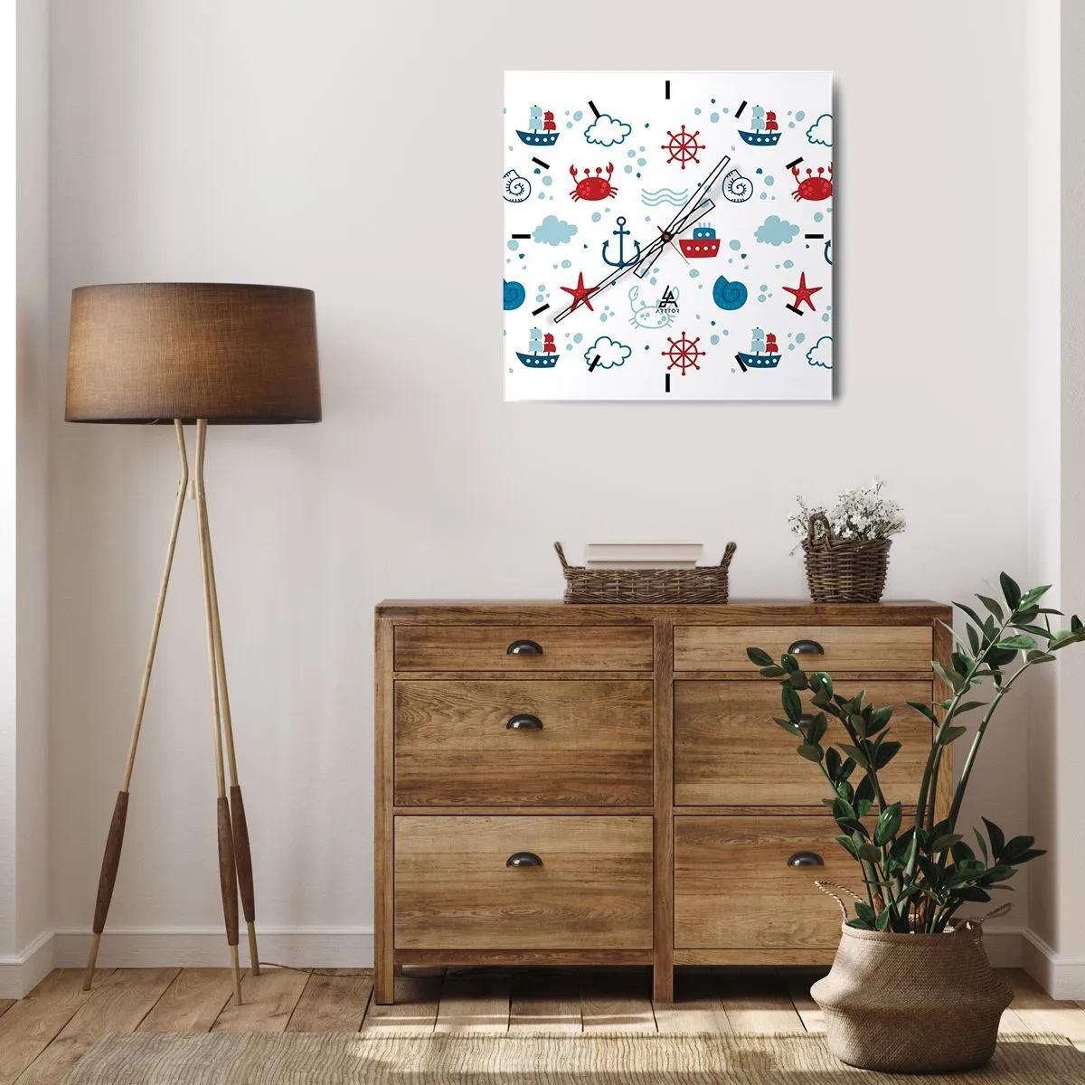 Orologio da parete - Orologio in Vetro - Motivo nautico con ancore, navi e granchi - 30x30cm - Favola nel mare - Decorazione murale moderna per soggiorno e camera da letto ARTTOR