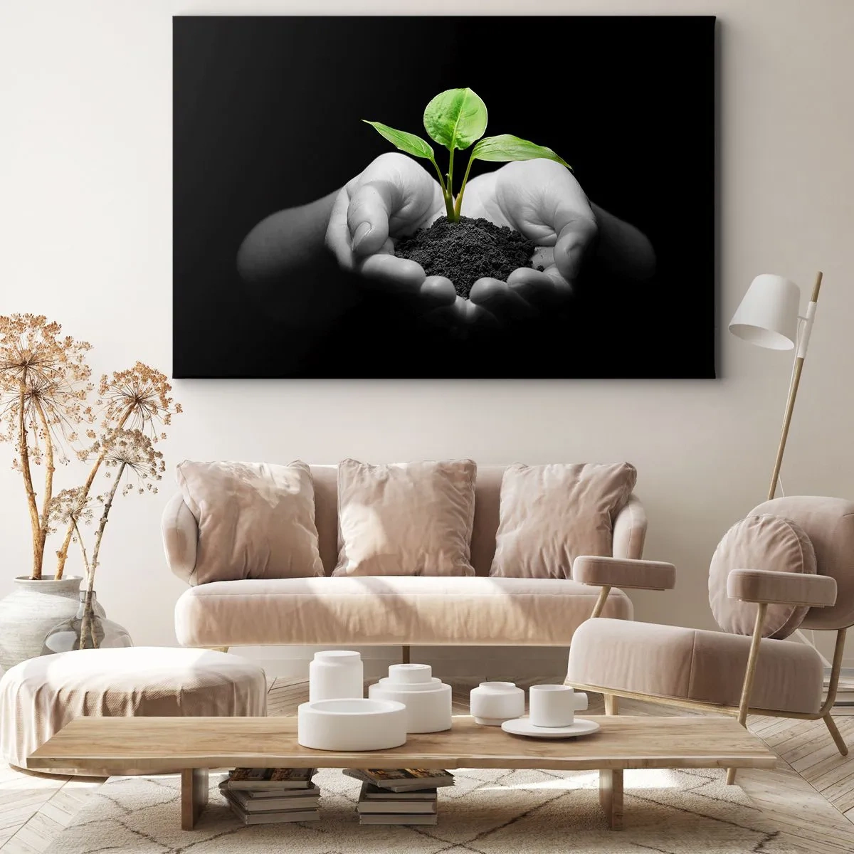 Quadro su tela - Stampe su Tela - Mani che tengono una pianta verde su uno sfondo nero - 70x50cm - Amo la natura, la proteggo - Decorazione murale moderna per soggiorno e camera da letto ARTTOR