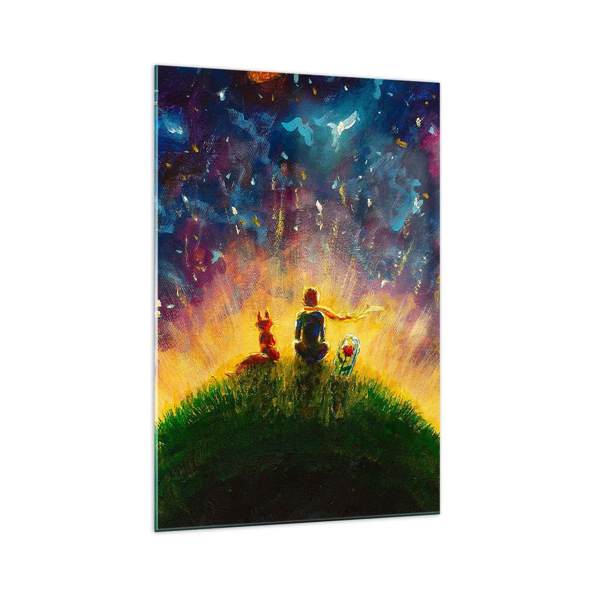 Quadro su vetro - Figure su una collina verde circondata da un cielo stellato - 70x100cm - Amore e amicizia: l'intero mondo - Decorazione murale moderna per soggiorno e camera da letto ARTTOR