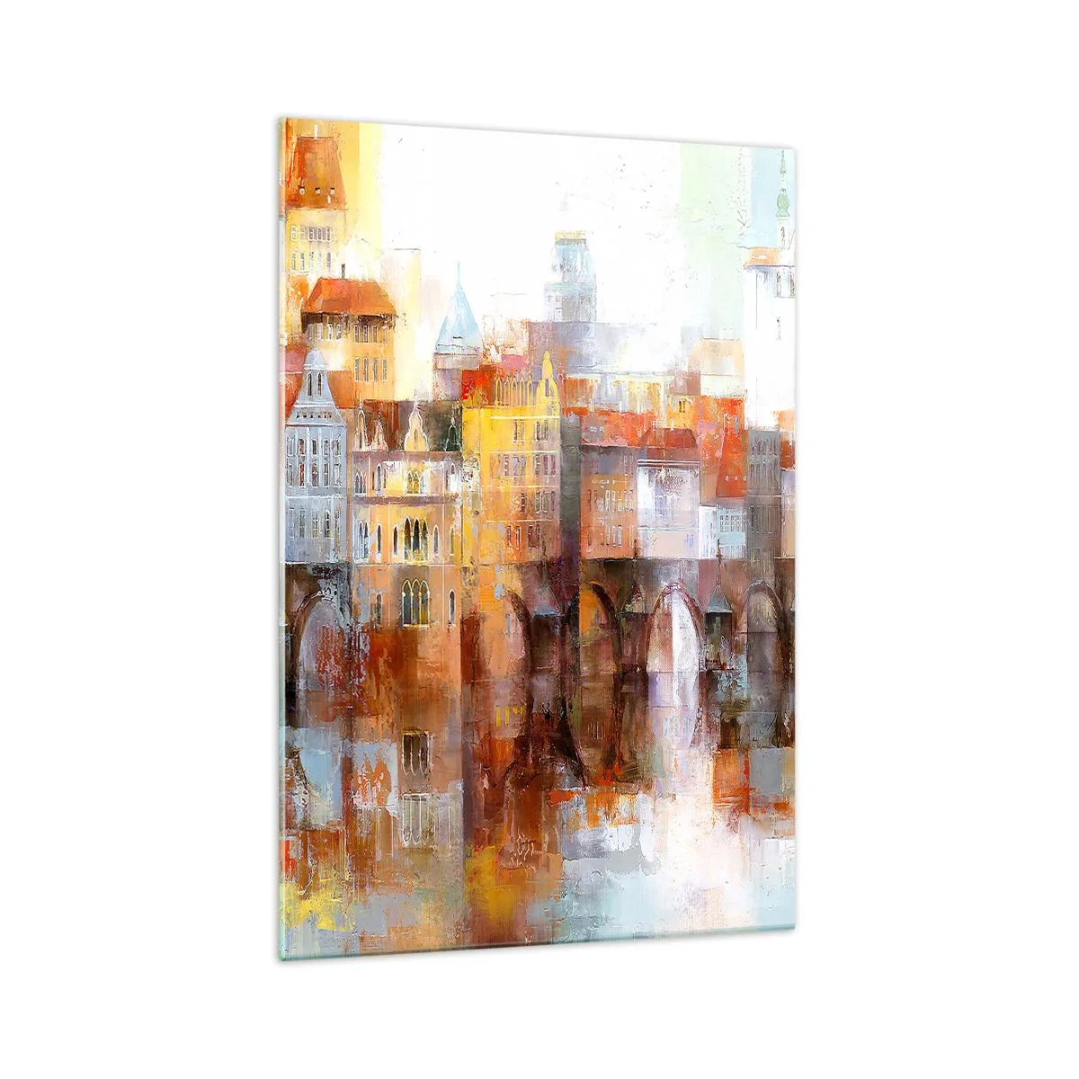 Quadro su vetro - Un pittoresco panorama della città con un ponte nei colori autunnali - 70x100cm - Anche sotto il ponte è bello - Decorazione murale moderna per soggiorno e camera da letto ARTTOR