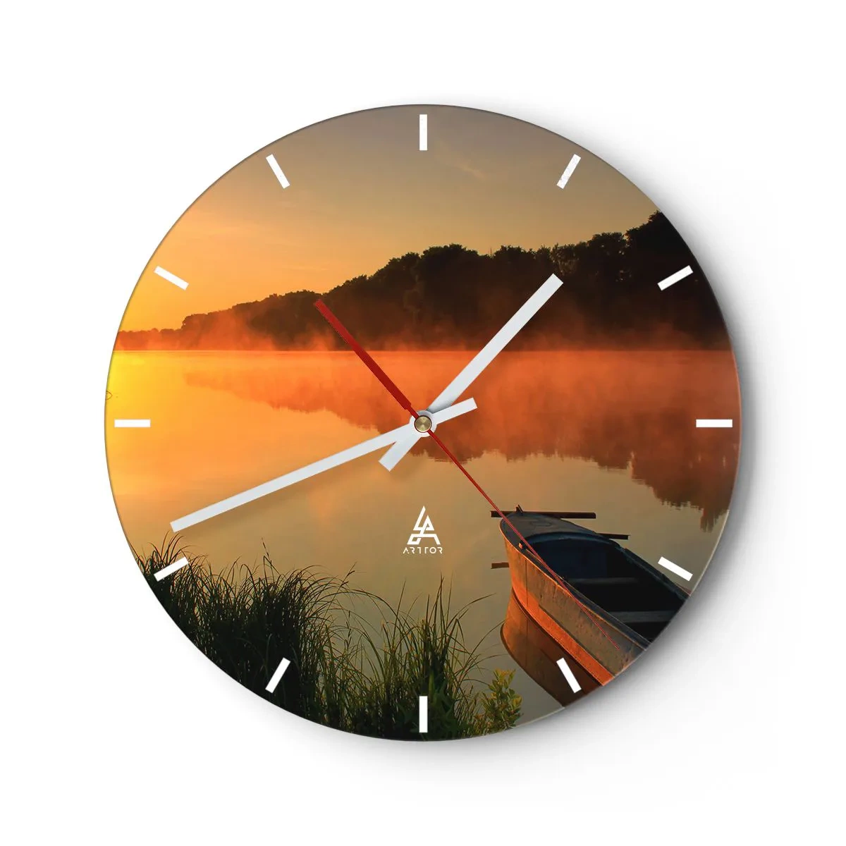 Orologio da parete - Orologio in Vetro - Una barca su un lago al mattino circondata dalla nebbia - 30x30cm - Alba sull'acqua, come uno specchio - Decorazione murale moderna per soggiorno, cucina e camera da letto ARTTOR