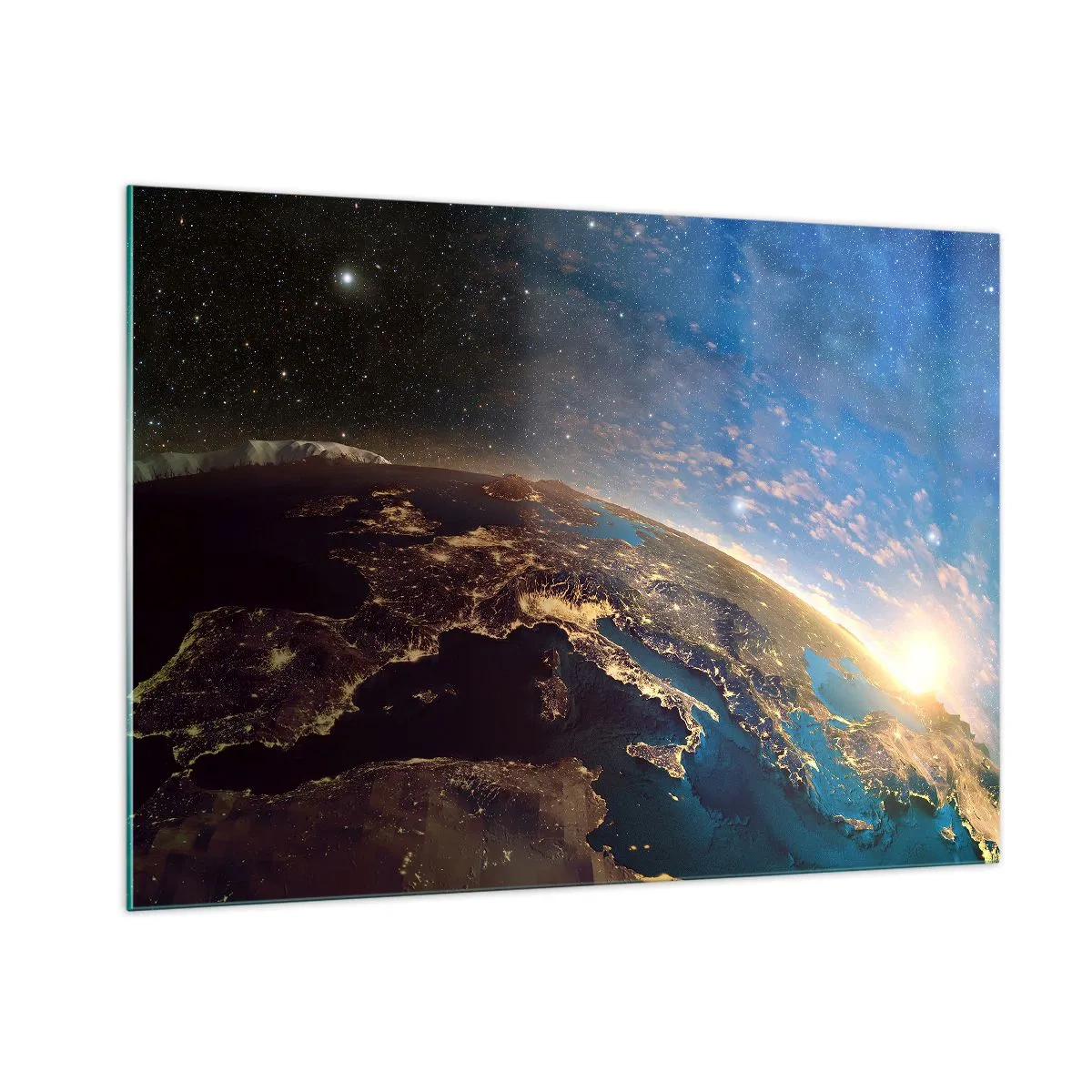 Quadro su vetro - Una vista della Terra dallo spazio con l'alba visibile - 100x70cm - Guardiamoci da lontano - Decorazione murale moderna per soggiorno e camera da letto ARTTOR