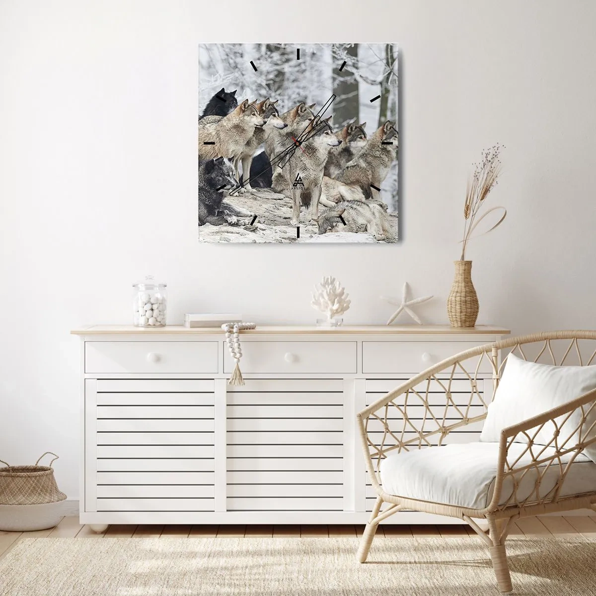 Orologio da parete - Orologio in Vetro - Un branco di lupi nella foresta invernale - 30x30cm - Famiglia e amici - Decorazione murale moderna per soggiorno e camera da letto ARTTOR
