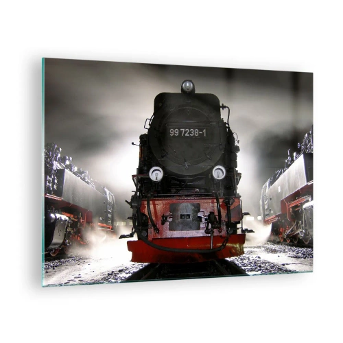 Quadro su vetro - Una locomotiva a vapore circondata da vapore e luce - 70x50cm - Ansima, sbuffa e soffia - Decorazione murale moderna per soggiorno e camera da letto ARTTOR