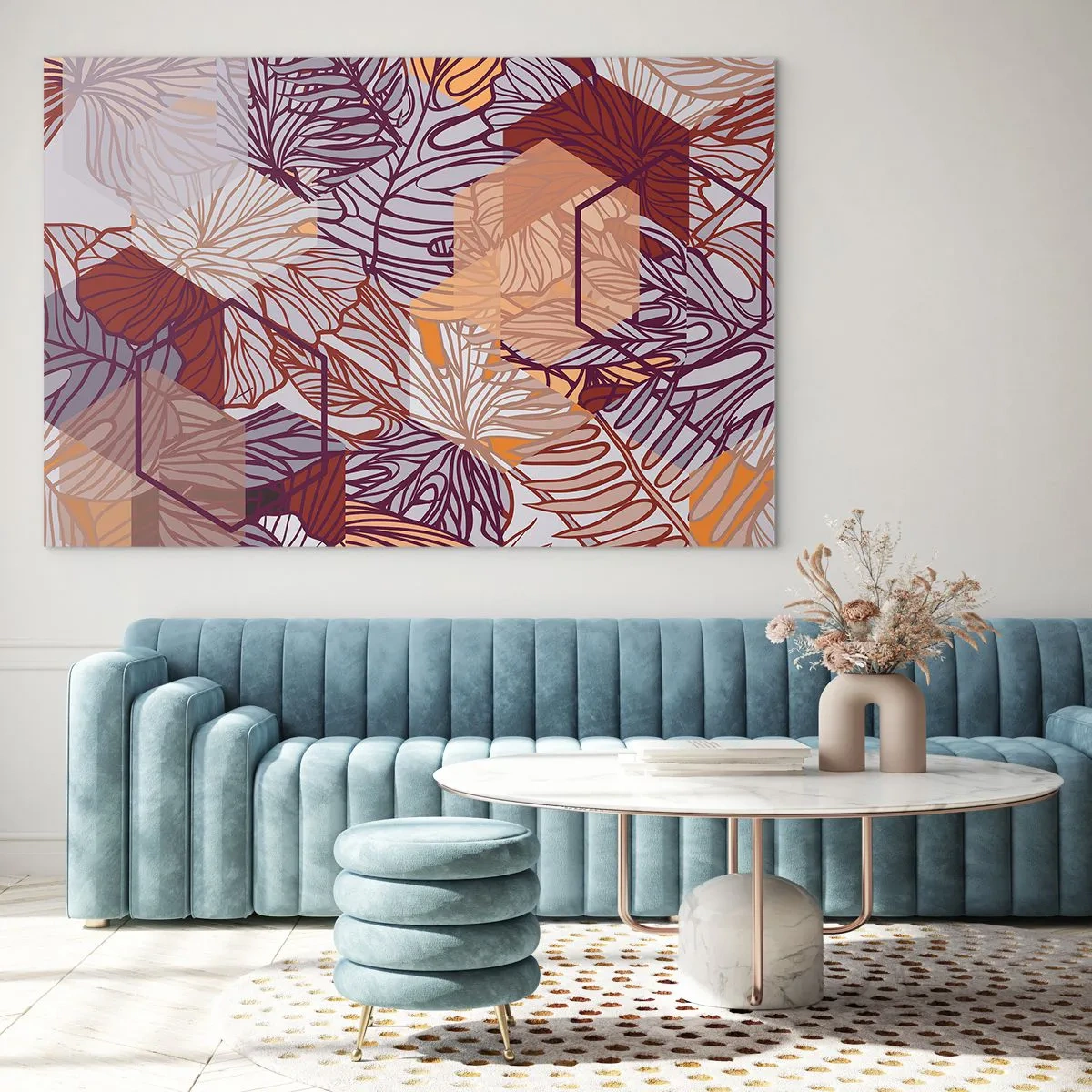 Quadro su vetro - Foglie grafiche su uno sfondo di forme geometriche - 70x50cm - Legame impossibile di geometria e natura - Decorazione murale moderna per soggiorno e camera da letto ARTTOR