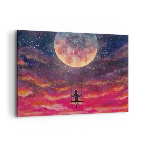 Quadro su tela - Stampe su Tela - Una figura su un'altalena sospesa contro la luna - 100x70cm - Con la testa tra le nuvole - Decorazione murale moderna per soggiorno e camera da letto ARTTOR