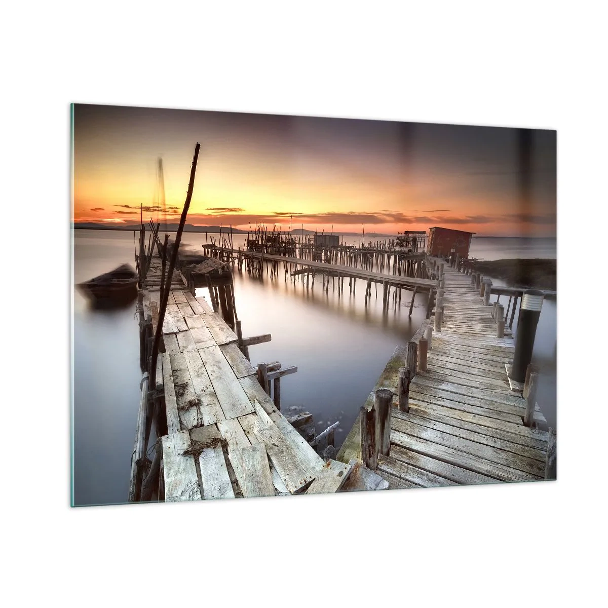 Quadro su vetro - Moli di legno al tramonto su un lago calmo - 100x70cm - Autentico, non una finzione turistica - Decorazione murale moderna per soggiorno e camera da letto ARTTOR