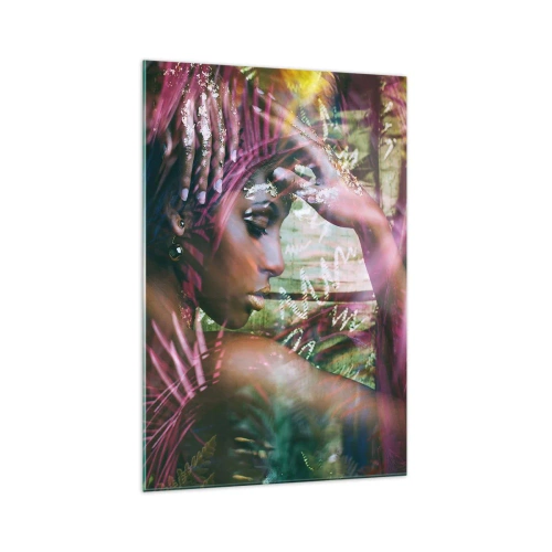 Quadro su vetro - Ritratto di una donna circondata da vegetazione esotica - 70x100cm - Madre Natura nella giungla - Decorazione murale moderna per soggiorno e camera da letto ARTTOR