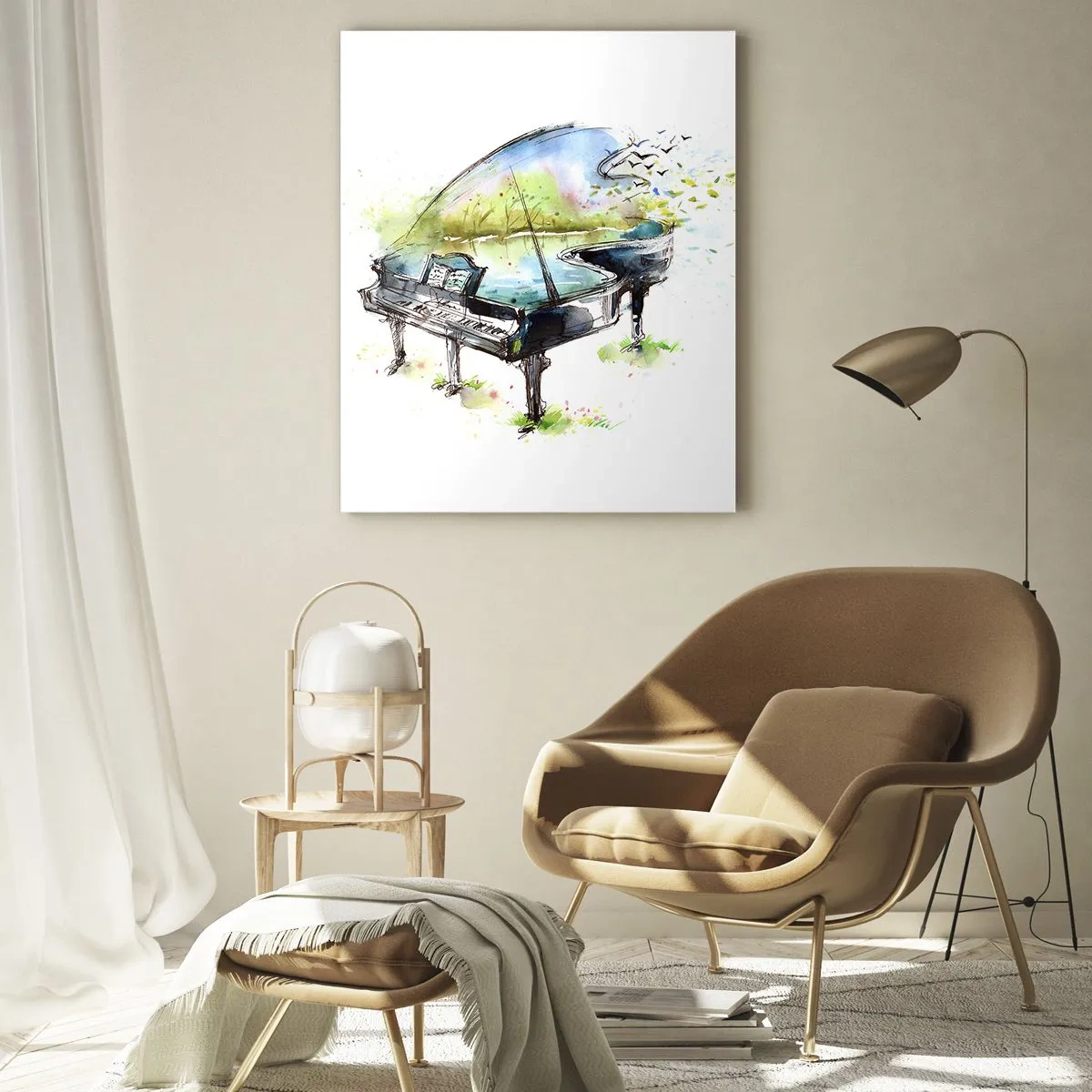 Quadro su vetro - Dipinto artistico ad acquerello di un pianoforte con la natura sullo sfondo - 80x120cm - Incantato nella musica - Decorazione murale moderna per soggiorno e camera da letto ARTTOR