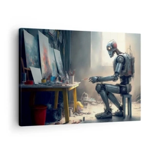 Quadro su tela - Stampe su Tela - Un robot che dipinge un quadro in uno studio d'arte - 70x50cm - Atto creativo - Decorazione murale moderna per soggiorno e camera da letto ARTTOR