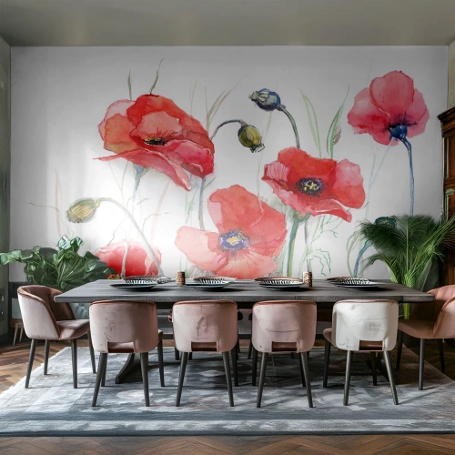 Fotomurali Premium Sand - Papaveri acquerellati su sfondo bianco - 100x70cm - Fiori polacchi - Decorazione murale moderna per soggiorno e camera da letto ARTTOR