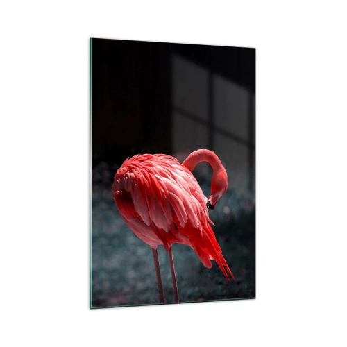 Quadro su vetro - Un fenicottero rosa su uno sfondo verde scuro - 70x100cm - La poesia cremisi della natura - Decorazione murale moderna per soggiorno e camera da letto ARTTOR