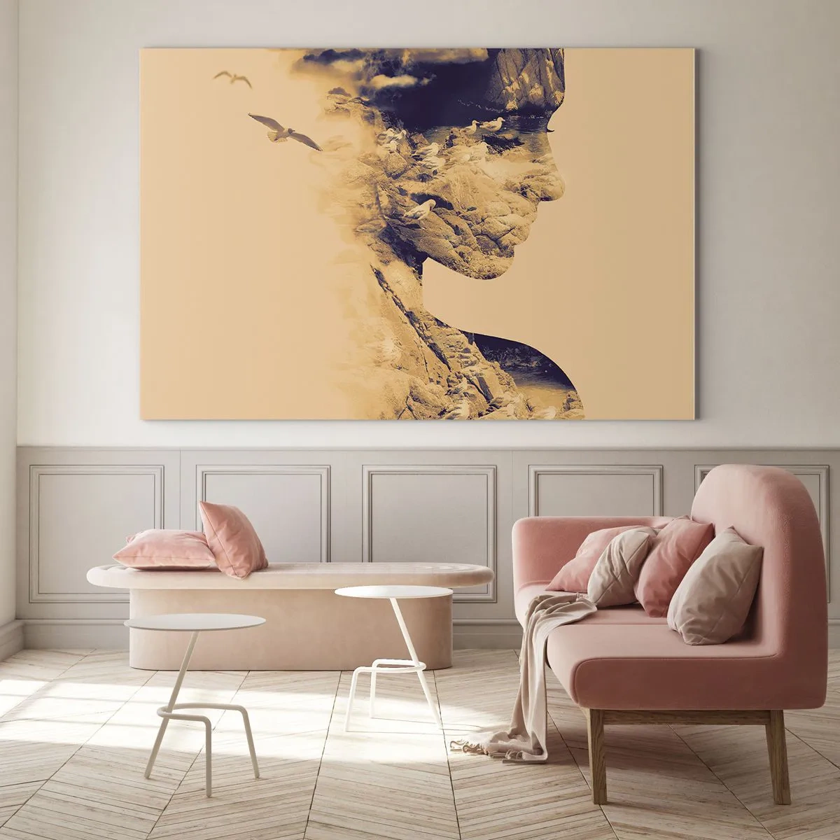 Quadro su vetro - Silhouette di una donna con motivo paesaggistico e uccelli - 70x50cm - Bella di natura - Decorazione murale moderna per soggiorno e camera da letto ARTTOR