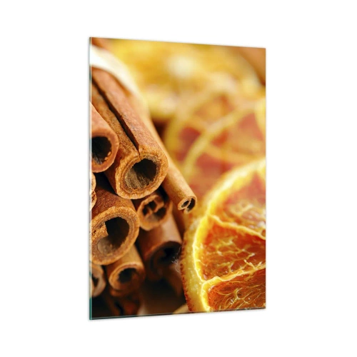 Quadro su vetro - Primo piano di bastoncini di cannella e fette di arancia essiccate - 50x70cm - Senti il loro profumo? - Decorazione murale moderna per soggiorno e camera da letto ARTTOR