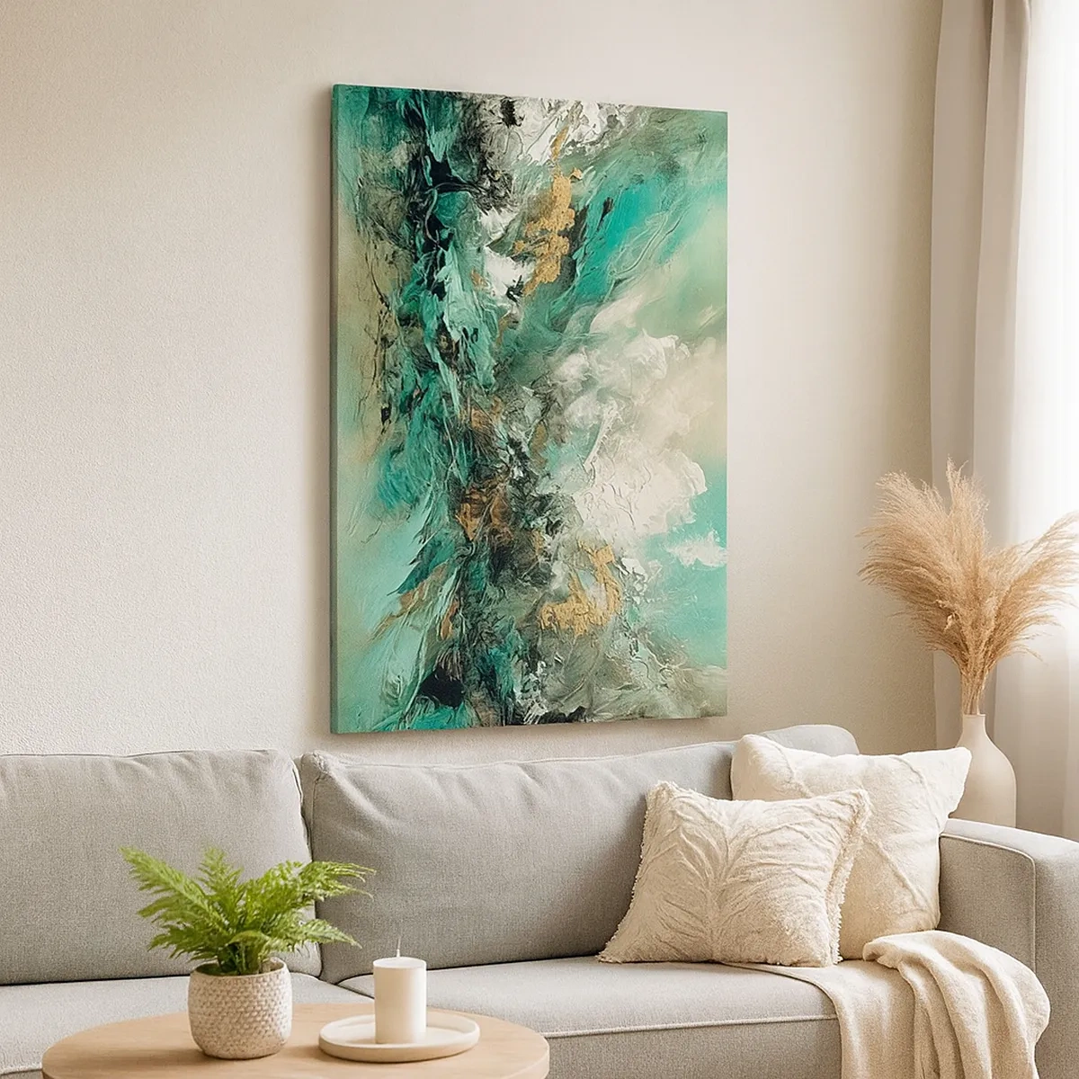 Quadro su tela - Stampe su Tela - Paesaggio astratto nei toni del verde e dell'oro - 50x70cm - Frangente nero e smeraldo - Decorazione murale moderna per soggiorno e camera da letto ARTTOR