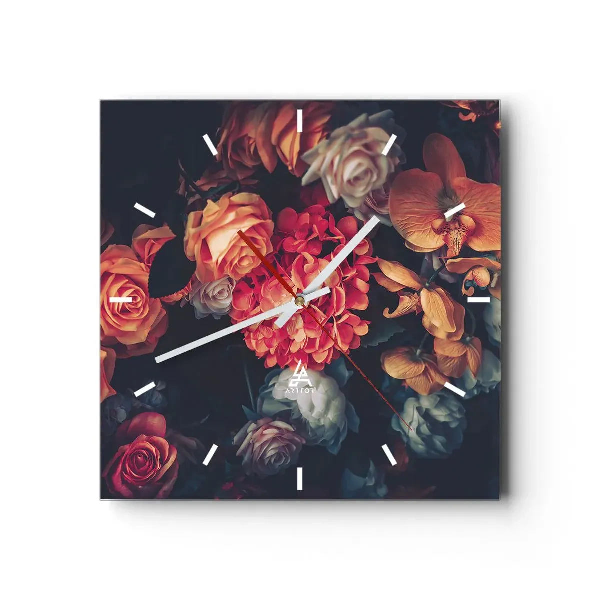 Orologio da parete - Orologio in Vetro - Un mazzo di fiori vari in toni scuri - 30x30cm - Come i maestri olandesi - Decorazione murale moderna per soggiorno e camera da letto ARTTOR