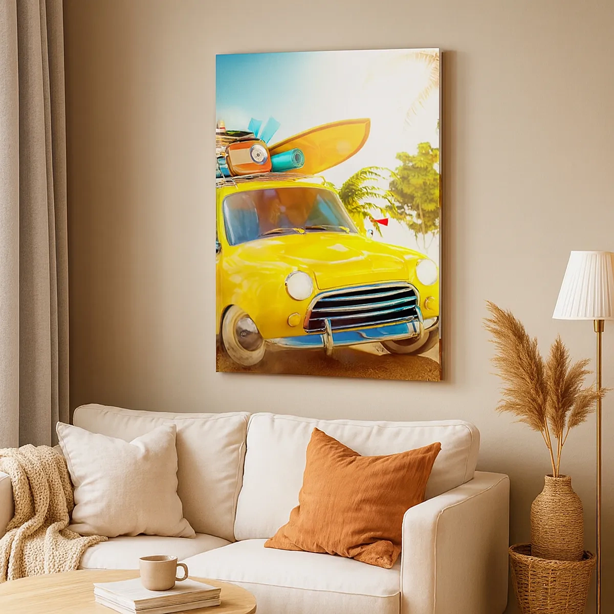 Quadro su tela - Stampe su Tela - Un'auto gialla con bagagli sullo sfondo di un paesaggio tropicale - 50x70cm - Viaggio nel paese dei sorrisi - Decorazione murale moderna per soggiorno e camera da letto ARTTOR
