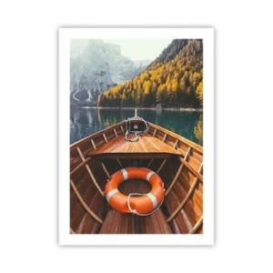 Poster - Una barca di legno su un lago circondato da montagne - 50x70cm - Gita sui monti - Decorazione murale moderna per soggiorno e camera da letto ARTTOR