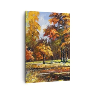 Quadro su tela - Stampe su Tela - Paesaggio autunnale con alberi colorati e uno stagno - 70x100cm - Paesaggio in oro e marrone - Decorazione murale moderna per soggiorno e camera da letto ARTTOR