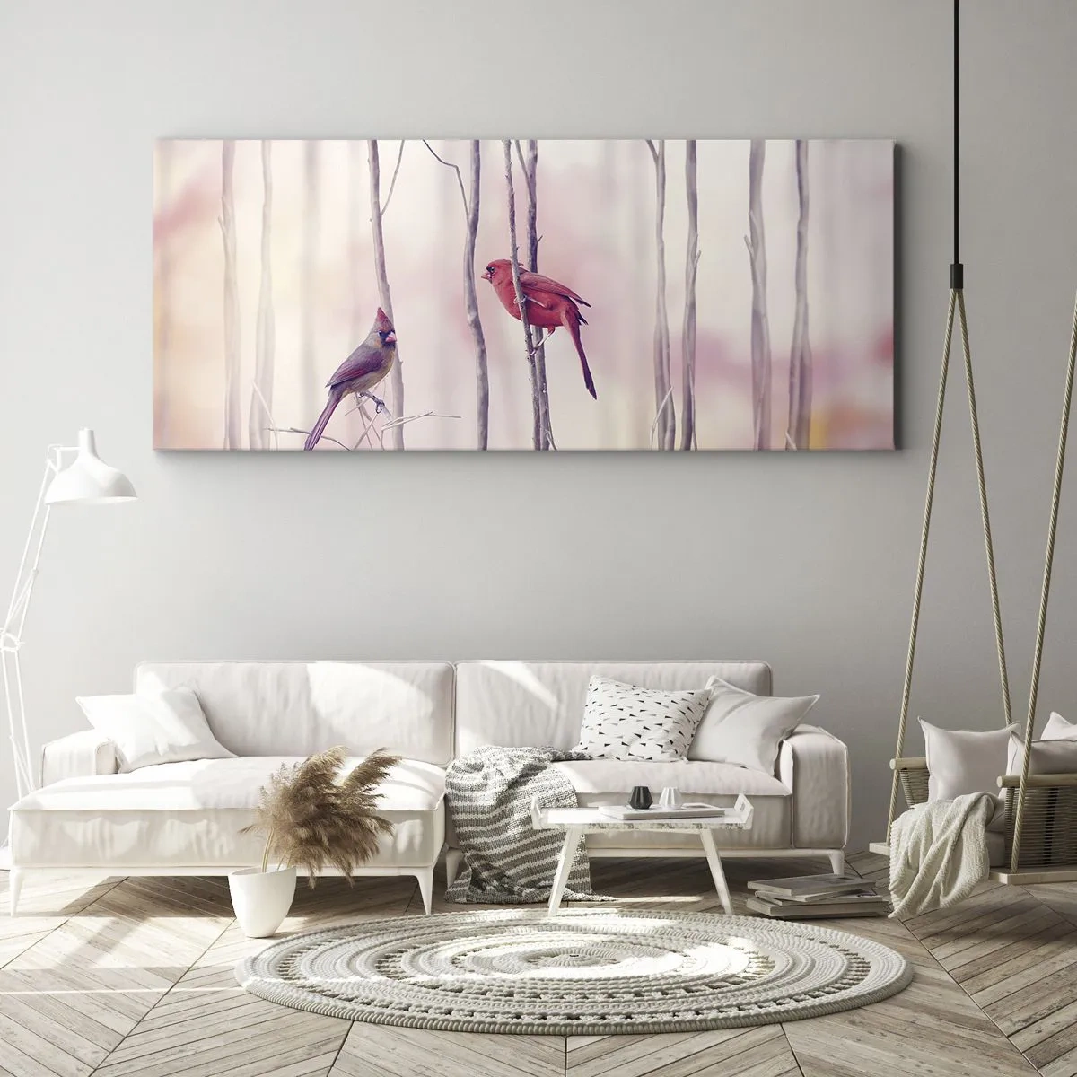 Quadro su tela - Stampe su Tela - Una coppia di cardinali appollaiati sui rami in un paesaggio pastello - 140x50cm - Il racconto del bosco rosa - Decorazione murale moderna per soggiorno e camera da letto ARTTOR