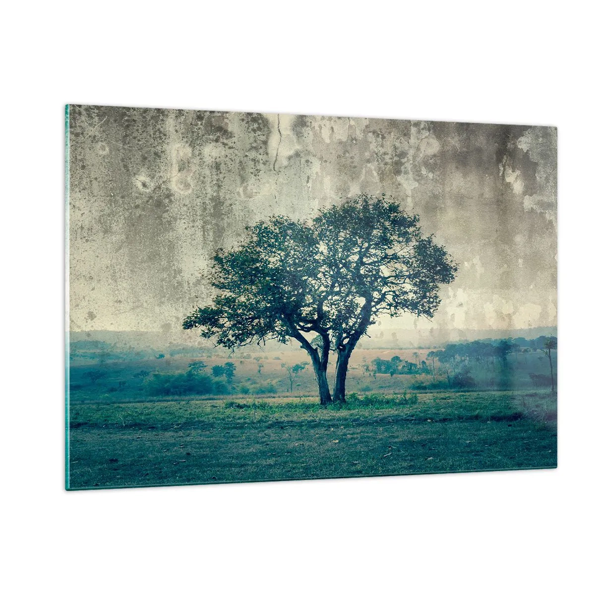 Quadro su vetro - Un albero solitario in un paesaggio d'epoca - 120x80cm - Un melo su un prato blu? - Decorazione murale moderna per soggiorno e camera da letto ARTTOR