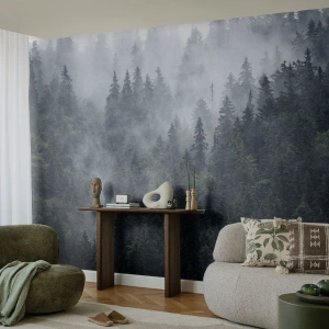 Fotomurali Premium Sand - Una foresta di conifere nebbiosa in un ambiente misterioso - 100x70cm - Alba nel bosco - Decorazione murale moderna per soggiorno e camera da letto ARTTOR