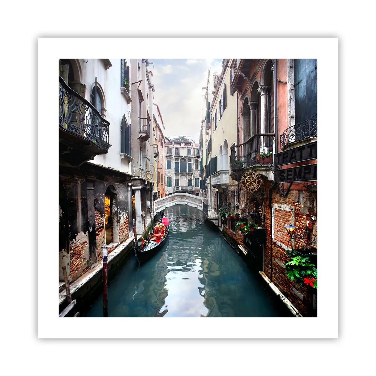 Poster - Paesaggio veneziano con gondola e ponte - 50x50 cm