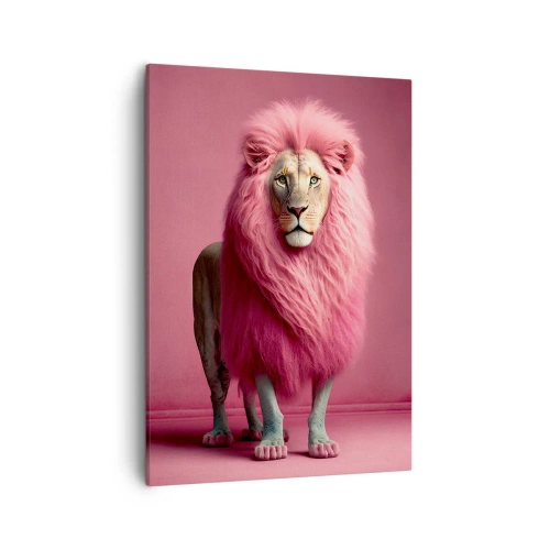 Quadro su tela - Stampe su Tela - Un leone artisticamente raffigurato con una criniera rosa su uno sfondo rosa - 50x70cm - E non mette più paura - Decorazione murale moderna per soggiorno e camera da letto ARTTOR