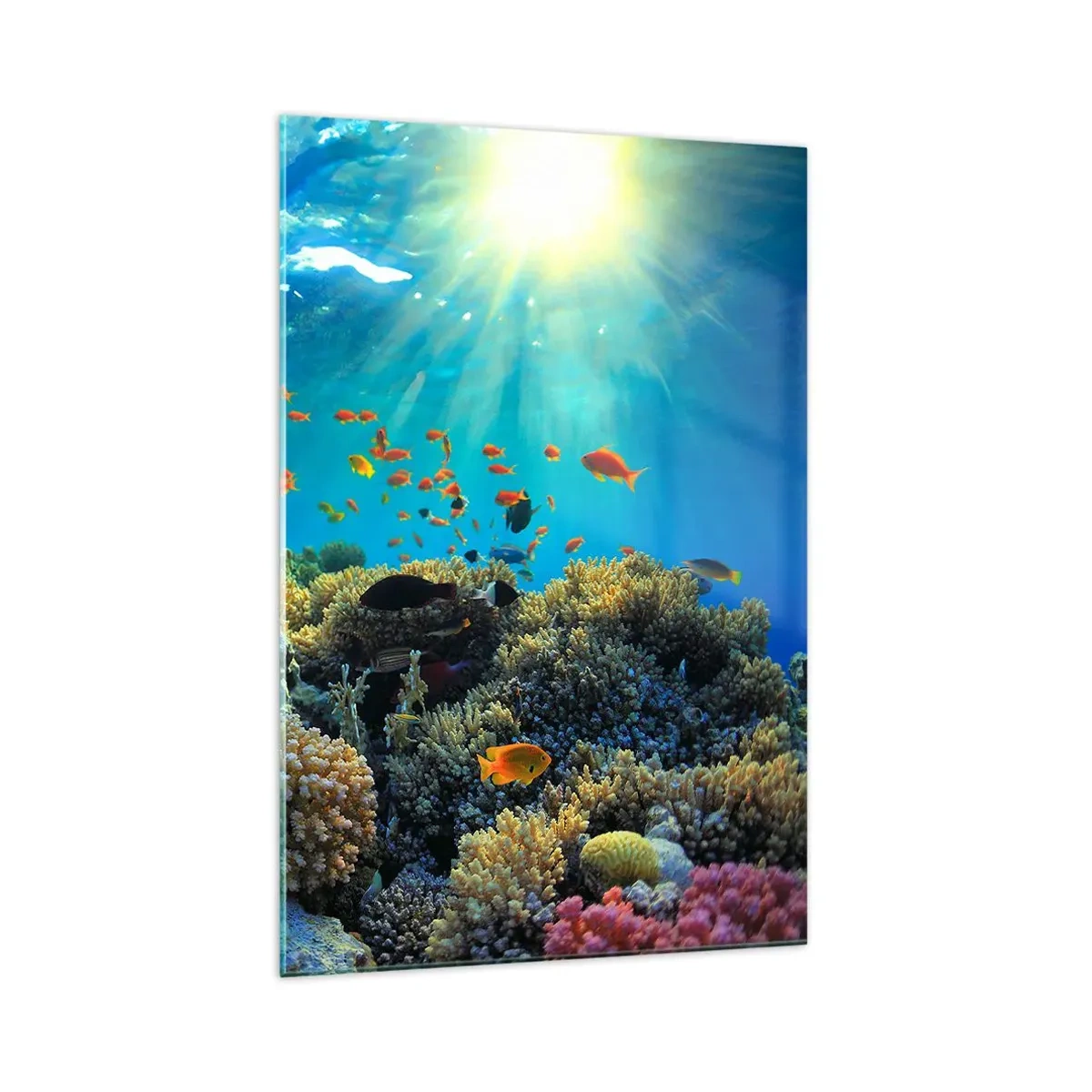 Quadro su vetro - Barriera corallina con pesci sotto i raggi del sole sott'acqua - 70x100cm - Tesori sotto al mare - Decorazione murale moderna per soggiorno e camera da letto ARTTOR