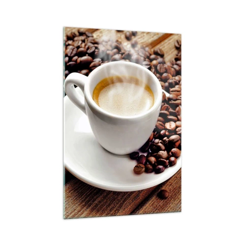 Quadro su vetro - Una tazza di caffè aromatico sullo sfondo di chicchi e una foglia - 70x100cm - Il caffè è pronto - Decorazione murale moderna per soggiorno e camera da letto ARTTOR